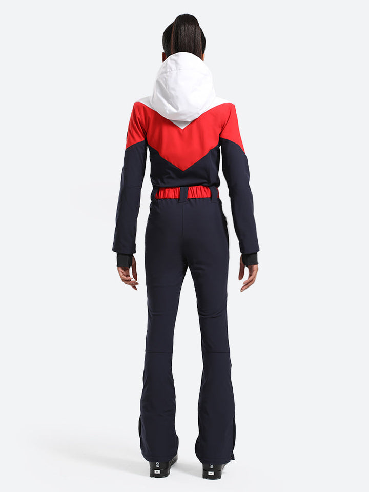 Women's Navy & Red All-in-One Belted Waterproof One-Piece Ski Suit