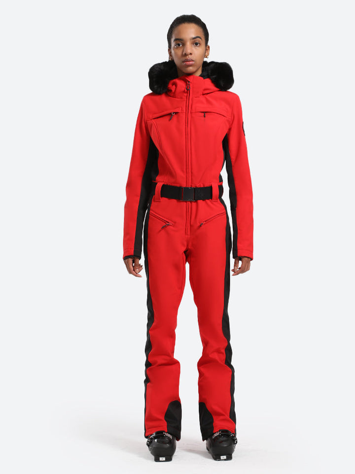 Women's Minimalist Faux Fur Red Down One-piece Ski Suits