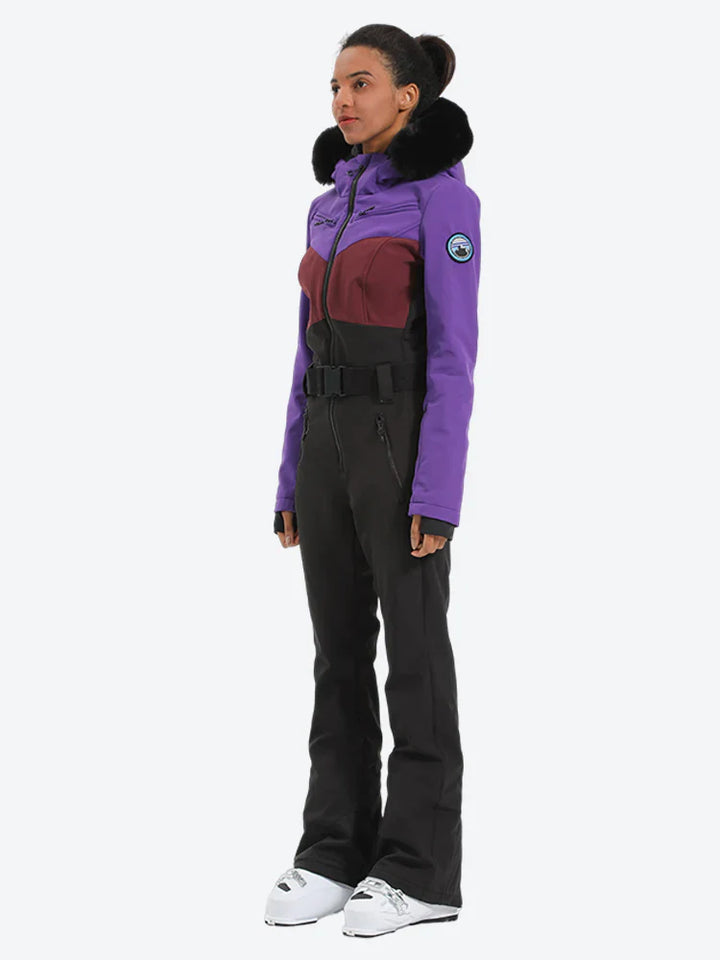 Women's Lavender & Navy Waist-Defining Waterproof Insulated One-Piece Ski Suits