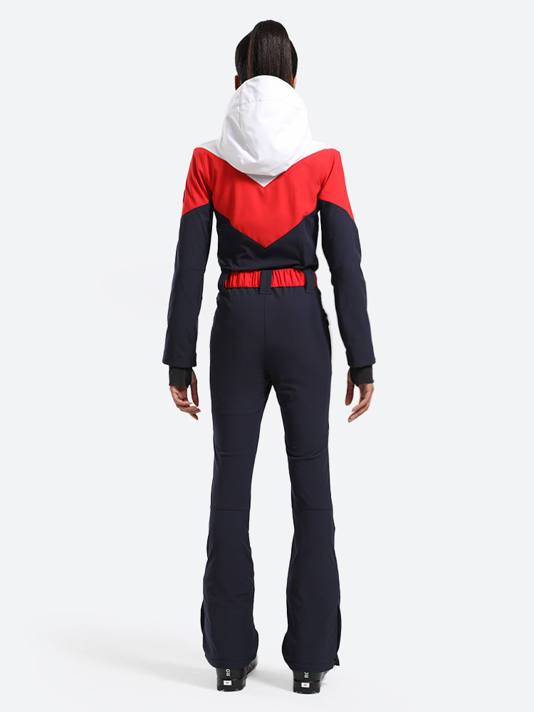 Women's Red & Navy All-in-One Belted Waterproof One-Piece Ski Suit