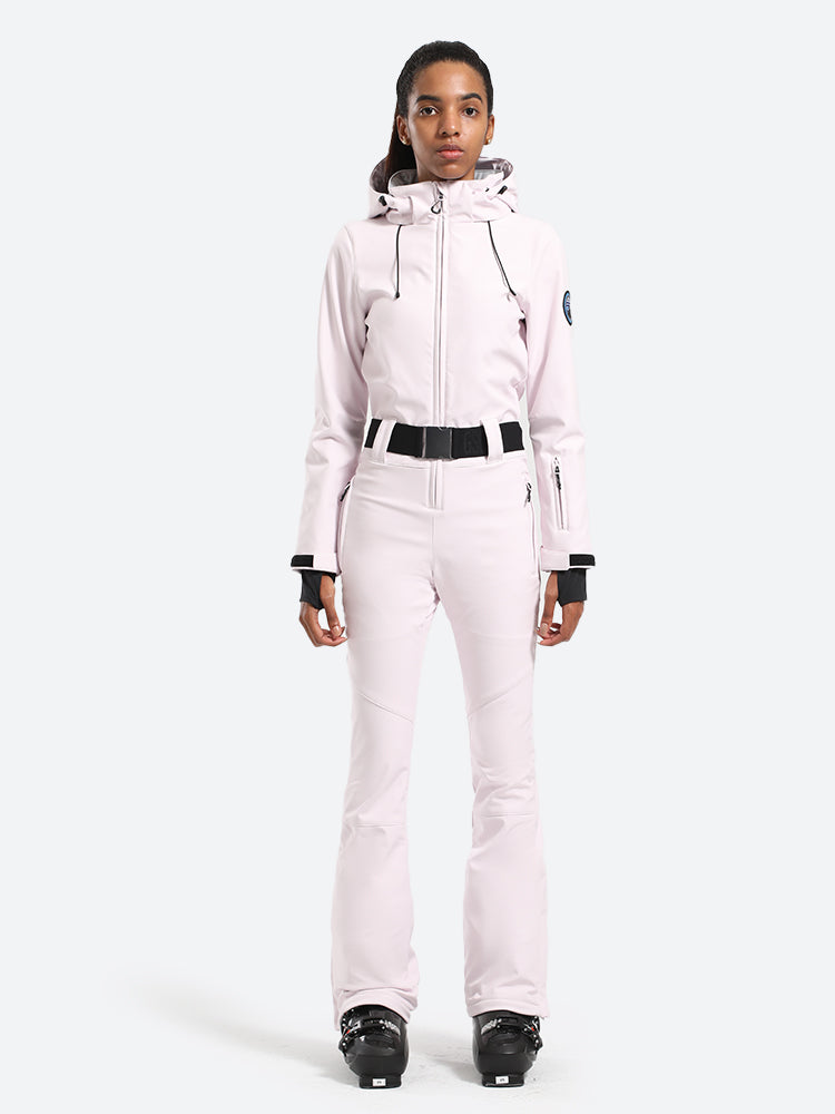 Women's White One-Piece Ski Suits with Removable Hood