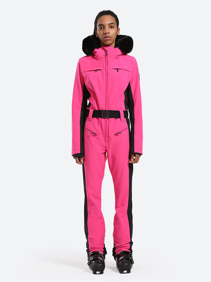 Women's Minimalist Faux Fur Red Down One-piece Ski Suits