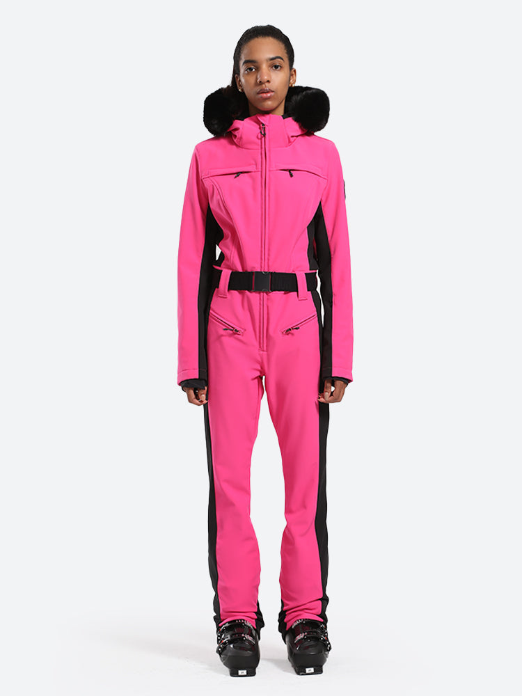 Women's Minimalist Faux Fur Fuchsia Down One-piece Ski Suits