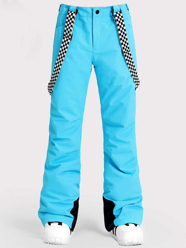 Women's Neon Cyan Flare Snow Pants with Checkered Suspenders