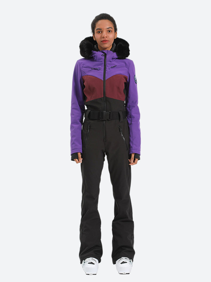 Women's Purple & Black Waist-Defining Waterproof Insulated One-Piece Ski Suits