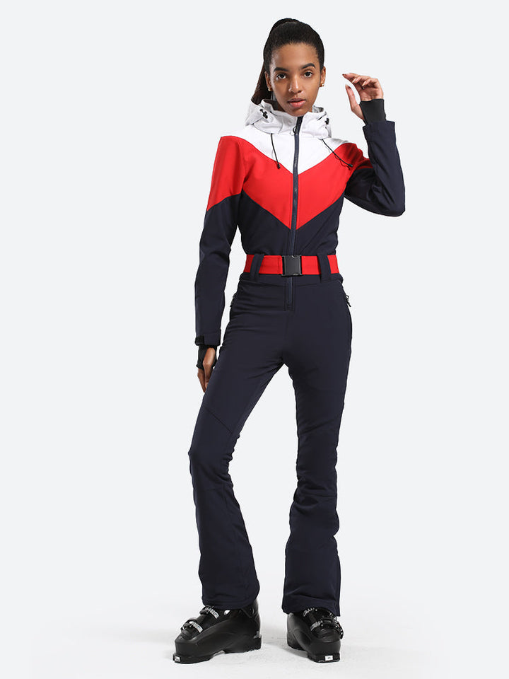 Women's White & Red All-in-One Belted Waterproof One-Piece Ski Suit