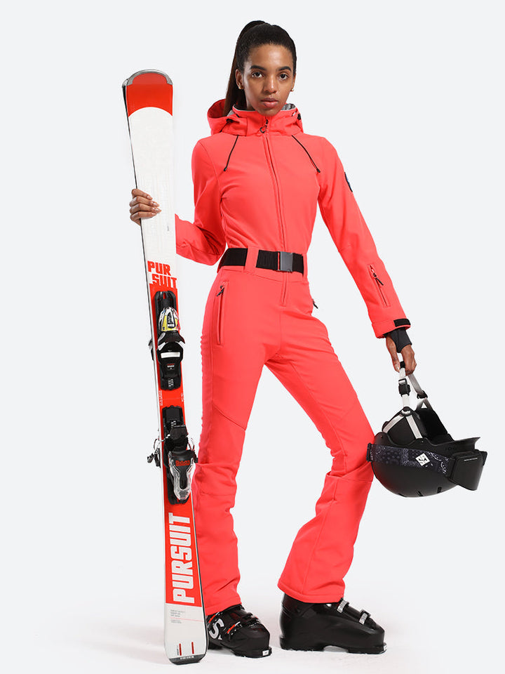 Women's Neon Red One-Piece Ski Suits with Removable Hood