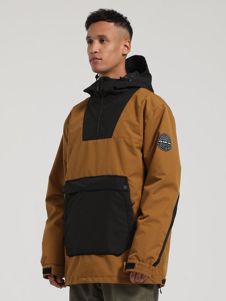 Men's Khaki & Beige Patchwork Kangaroo Pocket Snow Anoraks