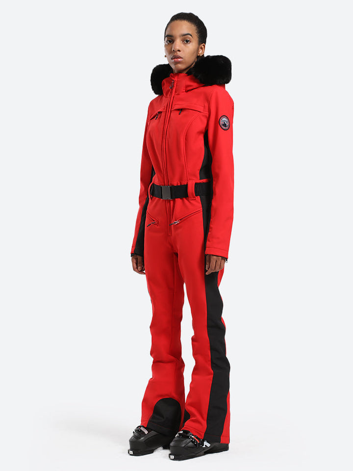 Women's Minimalist Faux Fur Red Down One-piece Ski Suits