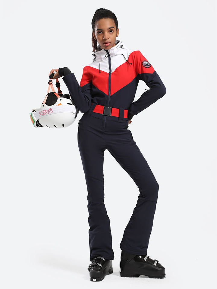 Women's Navy & Red All-in-One Belted Waterproof One-Piece Ski Suit