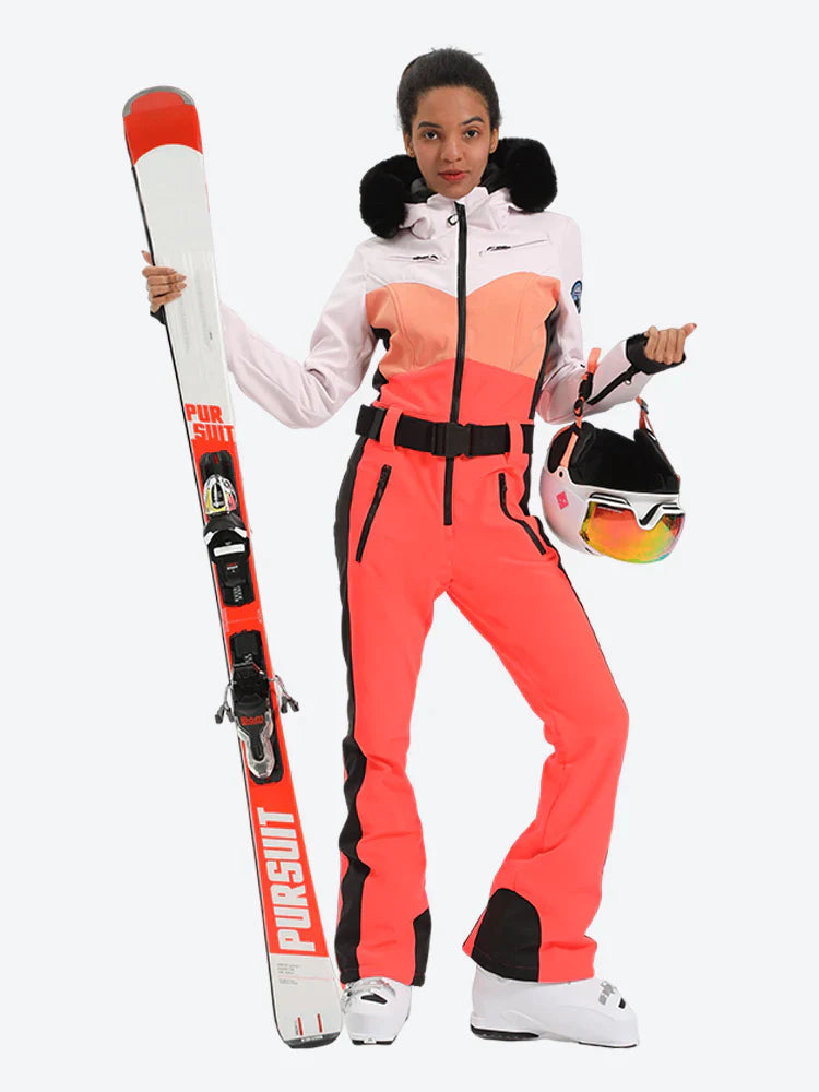 Women's Lavender & Navy Waist-Defining Waterproof Insulated One-Piece Ski Suits