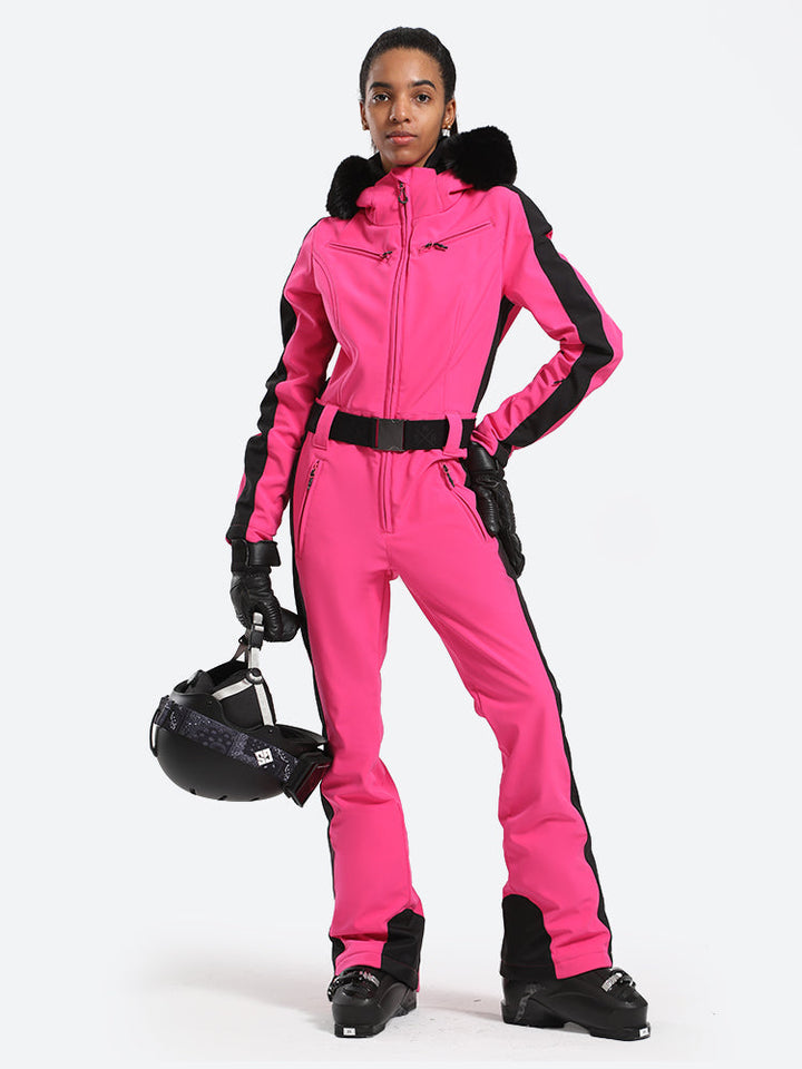 Women's Slim-Fit Stretch Faux Fur Neon Yellow One-Piece Ski Suit