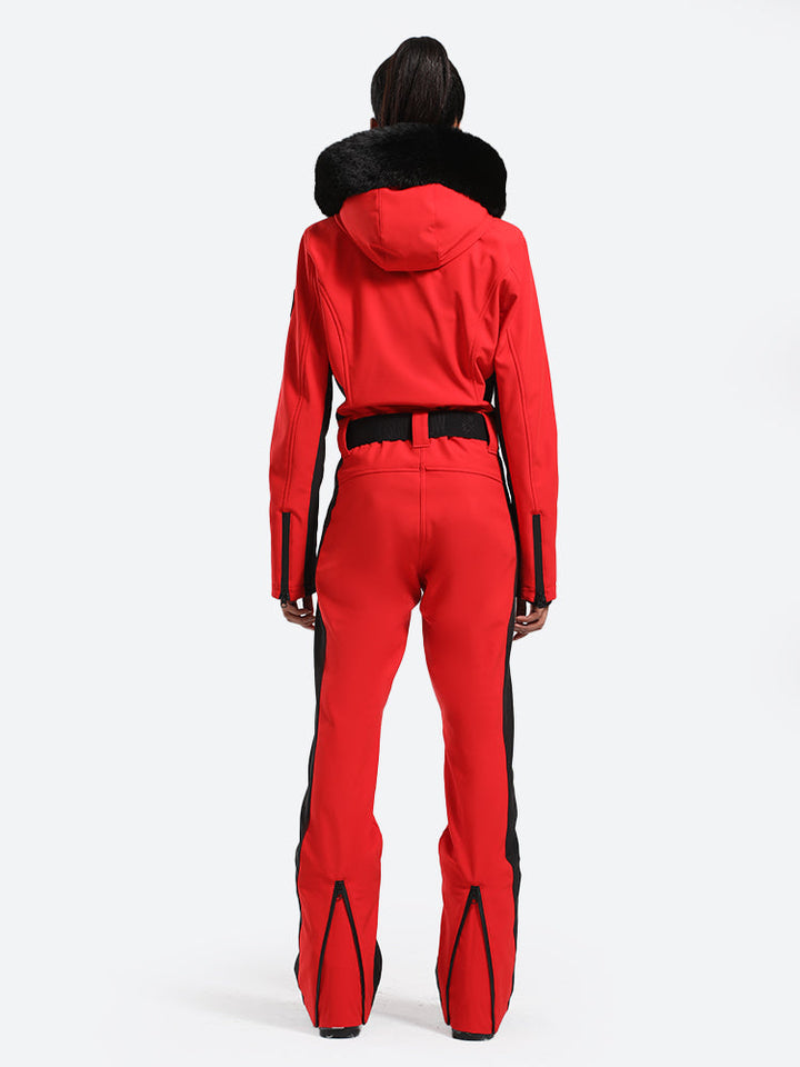 Women's Minimalist Faux Fur Red Down One-piece Ski Suits