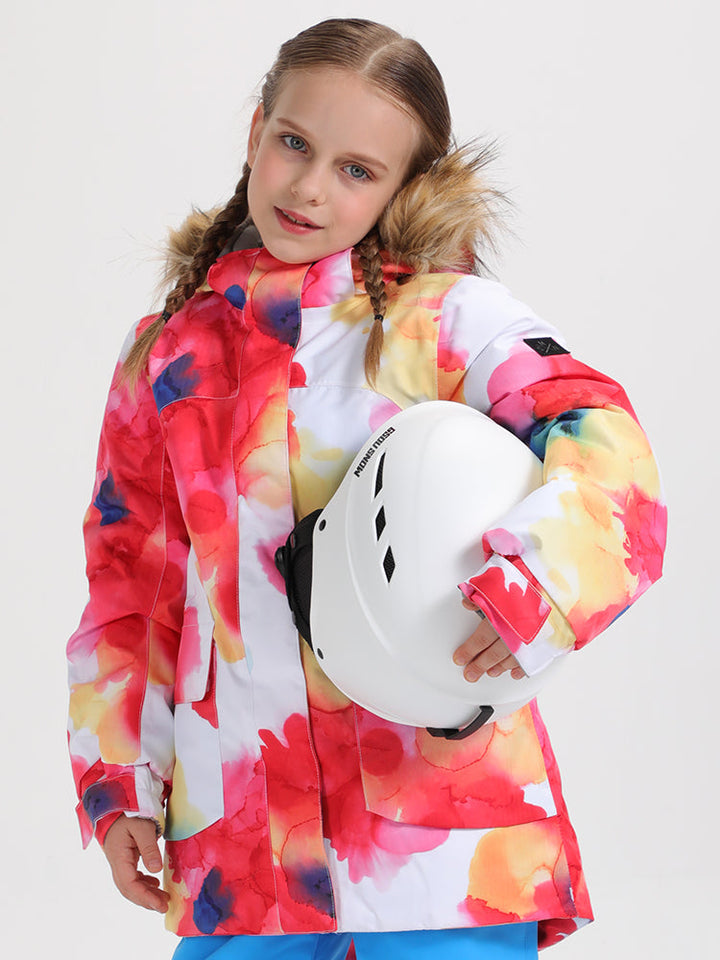 Red Flower Winter Kids Colorful Snowboard Jacket Waterproof Windproof