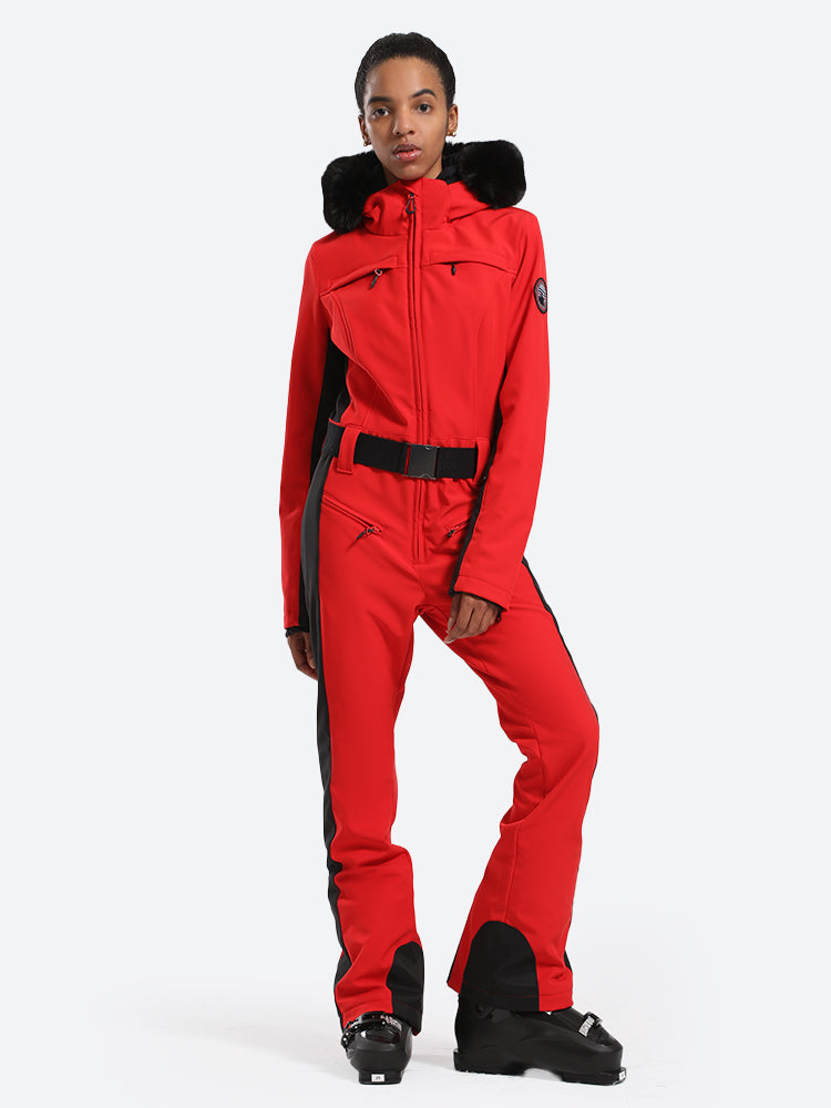 Women's Minimalist Faux Fur Red Down One-piece Ski Suits