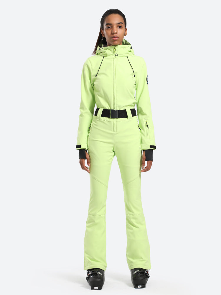 Women's Neon Green One-Piece Ski Suits with Removable Hood