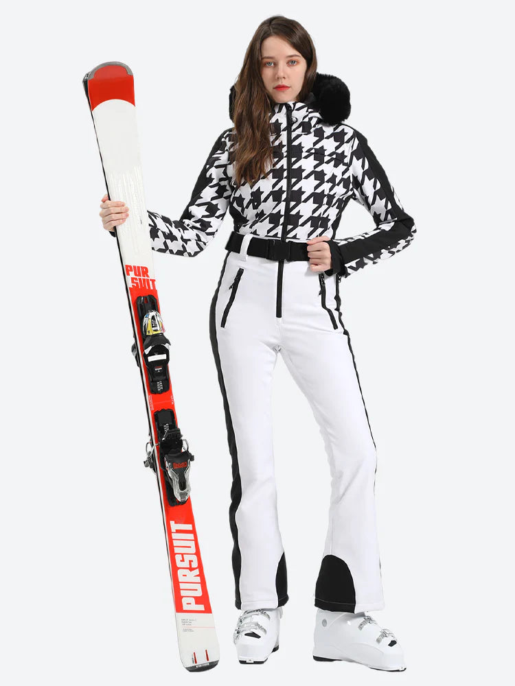 Women's Snow Leopard White Faux Fur Hood One-Piece Down Ski Suit