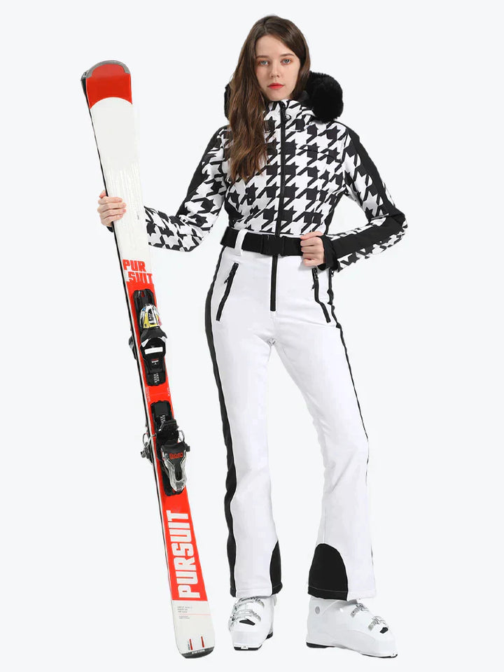 Women's Leopard Black Faux Fur Hood One-Piece Down Ski Suit