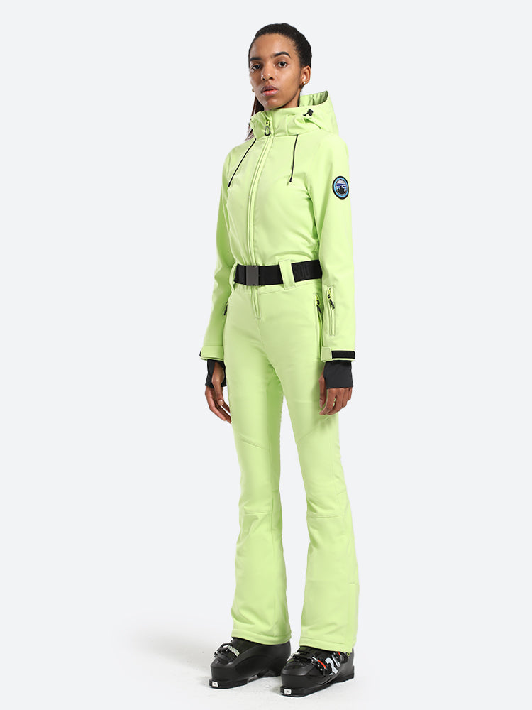 Women's Neon Green One-Piece Ski Suits with Removable Hood