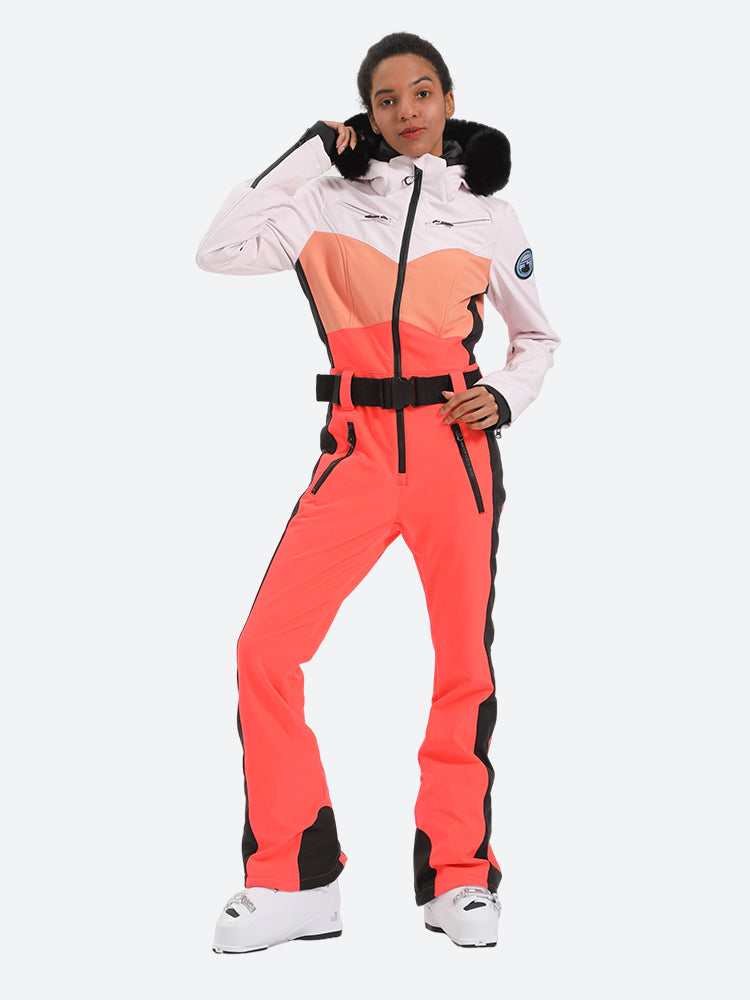 Women's Purple & Black Waist-Defining Waterproof Insulated One-Piece Ski Suits