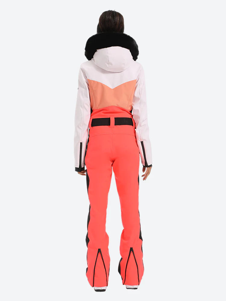 Women's Orange & Pink Waist-Defining Waterproof Insulated One-Piece Ski Suits