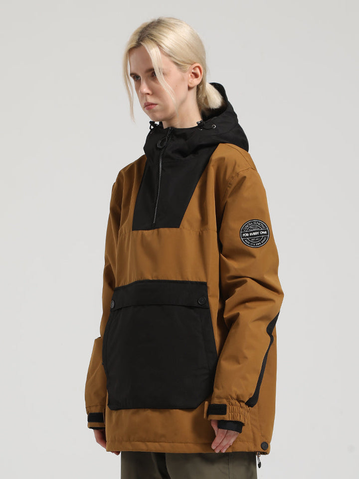 Women's Black & Brown Patchwork Kangaroo Pocket Snow Anoraks