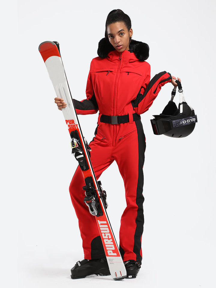 Women's Minimalist Faux Fur White & Black Down One-piece Ski Suits