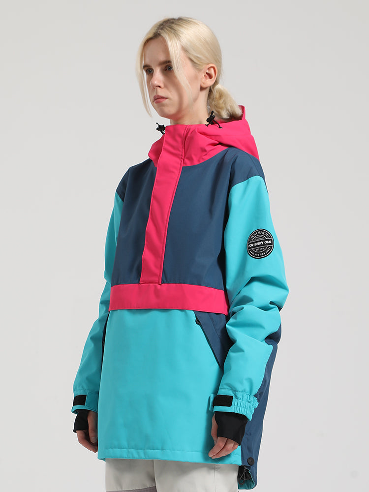 Women's Blue & Cyan Color-Block Kangaroo Pocket Insulated Snow Anoraks