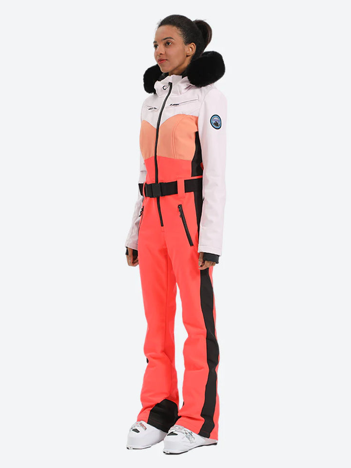 Women's Orange & Pink Waist-Defining Waterproof Insulated One-Piece Ski Suits