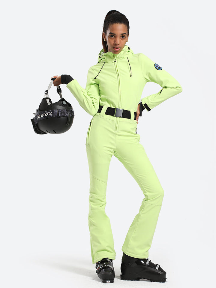 Women's Neon Green One-Piece Ski Suits with Removable Hood