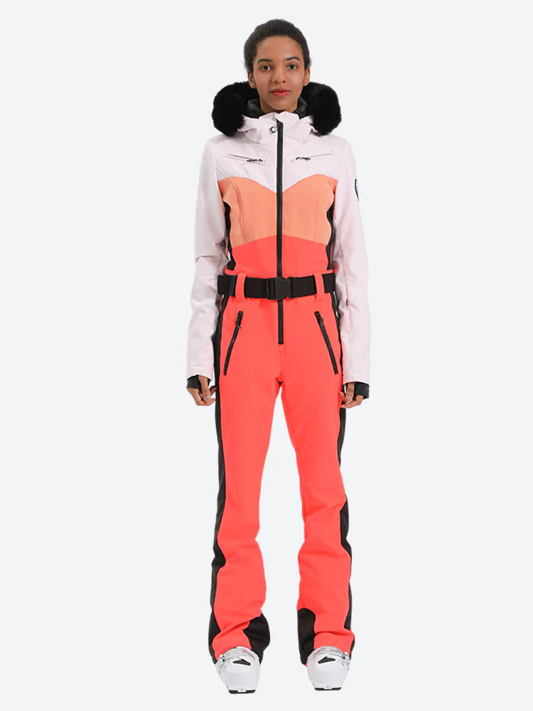 Women's Orange & Pink Waist-Defining Waterproof Insulated One-Piece Ski Suits