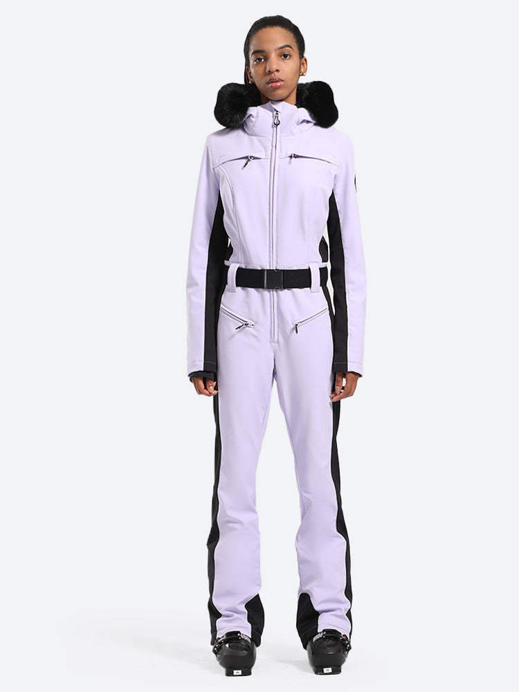 Women's Minimalist Faux Fur White & Black Down One-piece Ski Suits