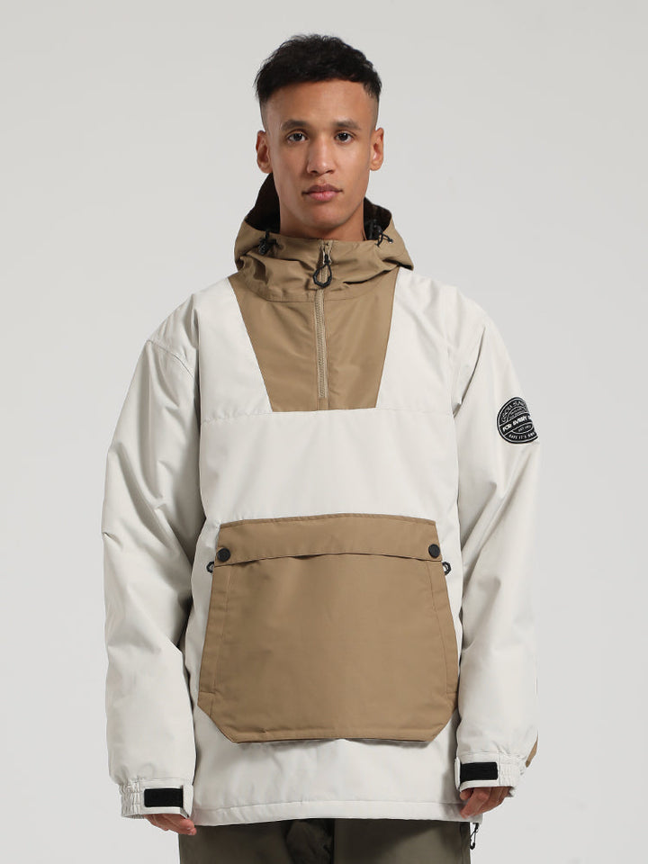 Men's Khaki & Beige Patchwork Kangaroo Pocket Snow Anoraks