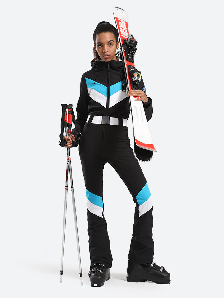 Women's Black Slim-Fit Waterproof One-Piece Ski Suits