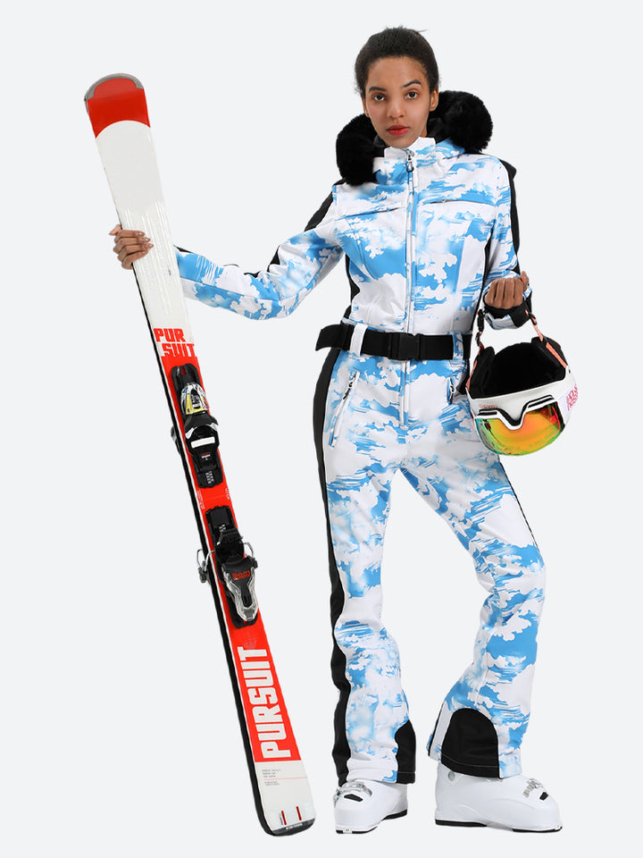 Women's Blue Clouds Slim-Fit Abrasion-Resistant One-Piece Ski Suits