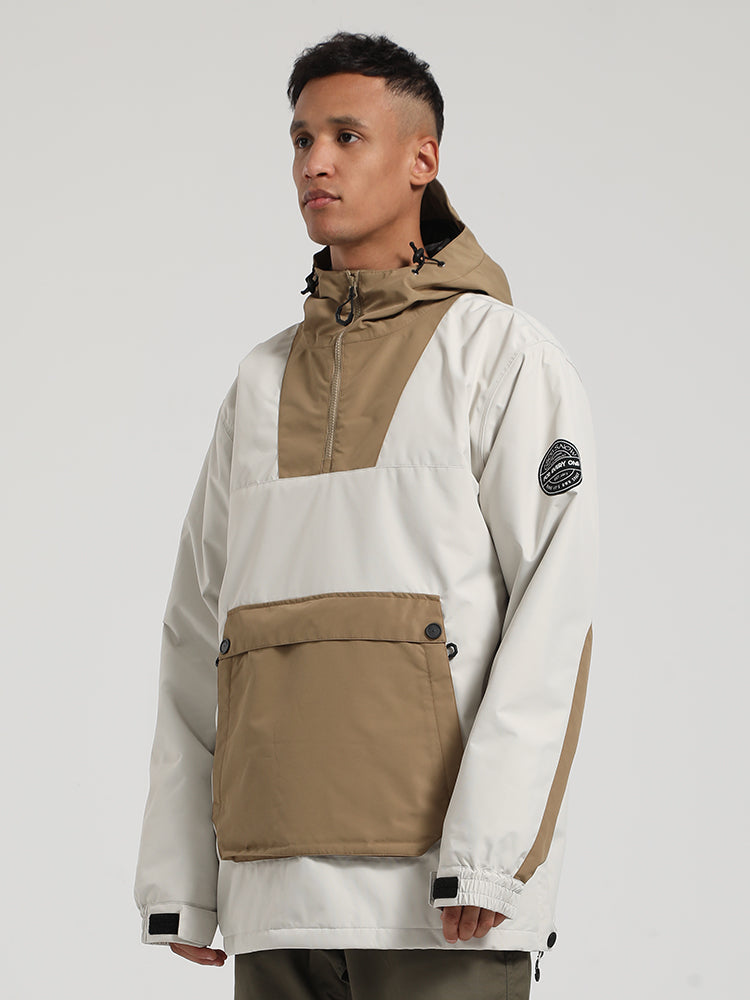 Men's Khaki & Beige Patchwork Kangaroo Pocket Snow Anoraks