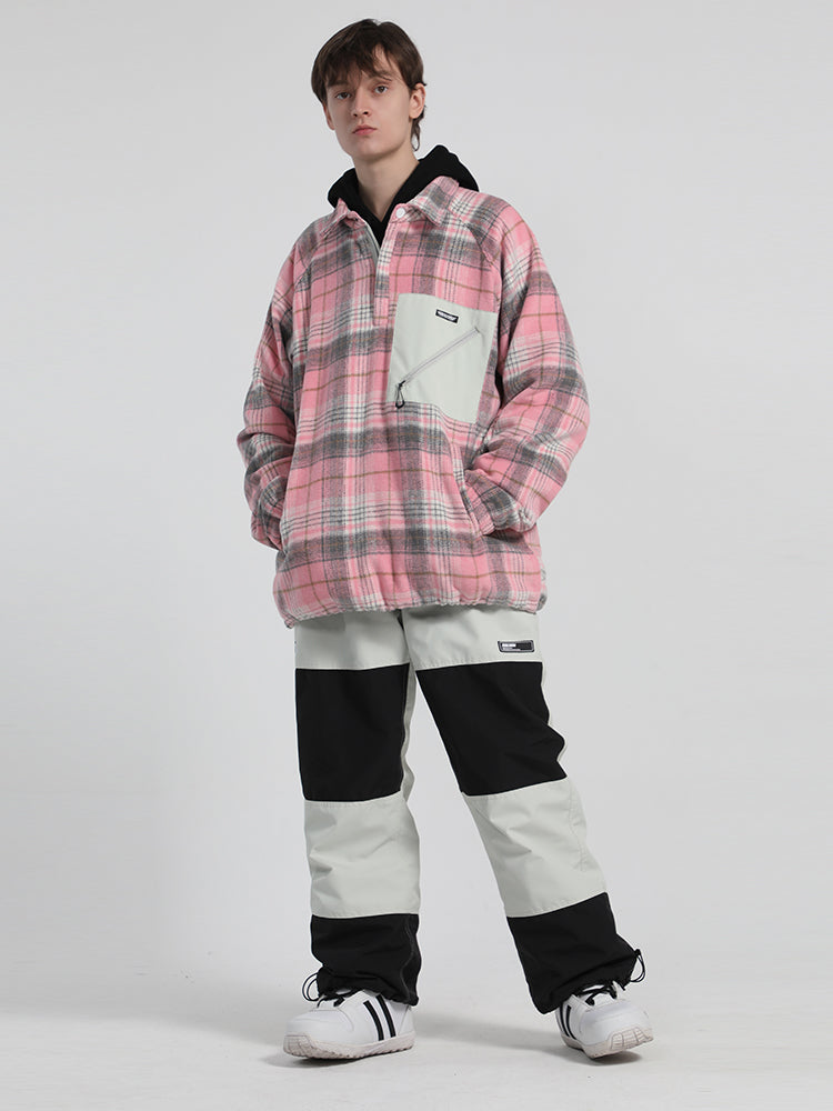 Gsou Snow Men's Pink Plaid Unisex Brighton Half Zip Snow Shirt Fleece Jacket