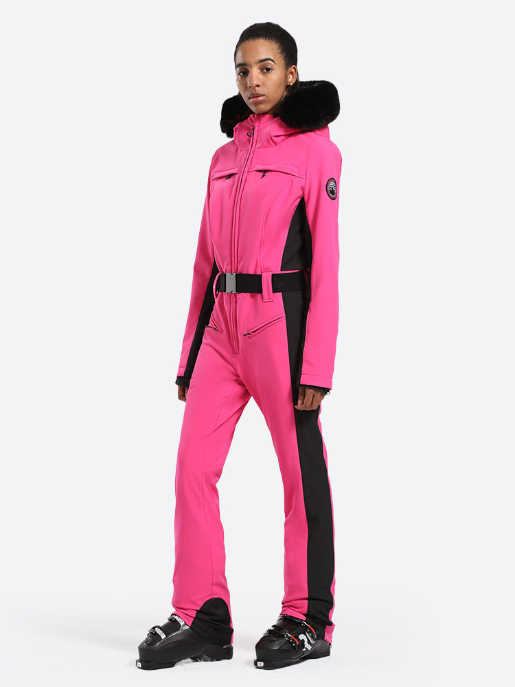 Women's Minimalist Faux Fur Fuchsia Down One-piece Ski Suits