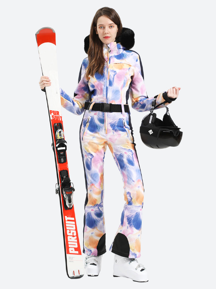 Women's Blue Clouds Slim-Fit Abrasion-Resistant One-Piece Ski Suits