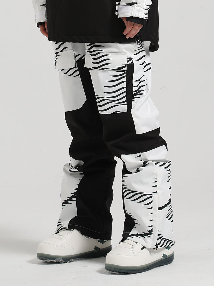 Men's Black Wavy Stripe Color-Block Snow Pants