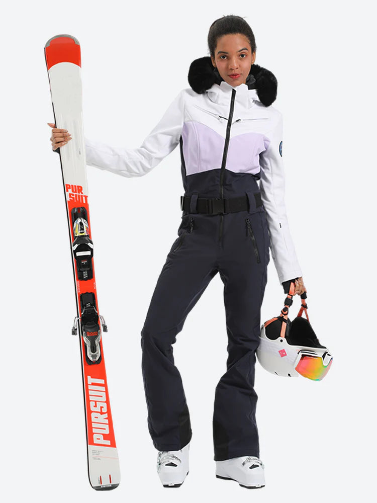 Women's Orange & Pink Waist-Defining Waterproof Insulated One-Piece Ski Suits