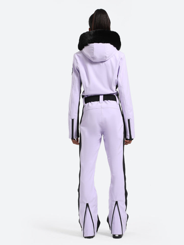 Women's Minimalist Faux Fur Black & White Down One-piece Ski Suits