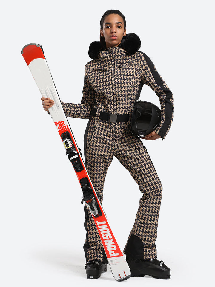 Women's Slim-Fit Stretch Faux Fur Tan Houndstooth One-Piece Ski Suit