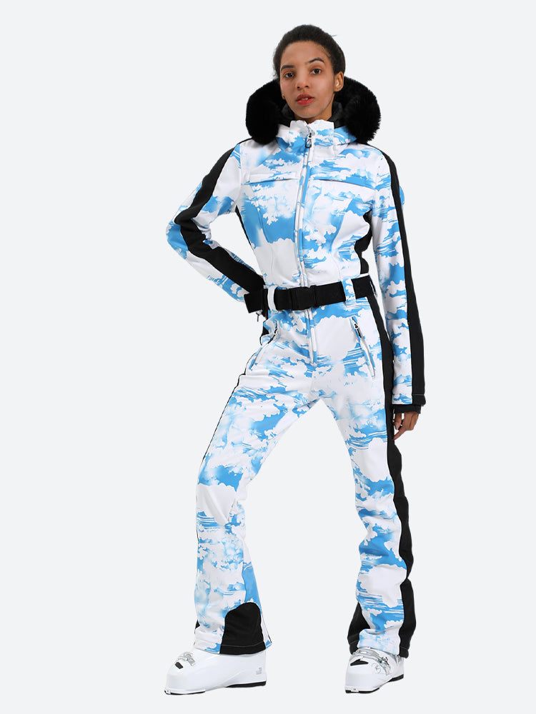 Women's Blue Clouds Slim-Fit Abrasion-Resistant One-Piece Ski Suits