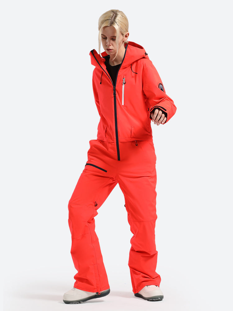 Women's Neon Red Waterproof-breathable One-Piece Ski Suits