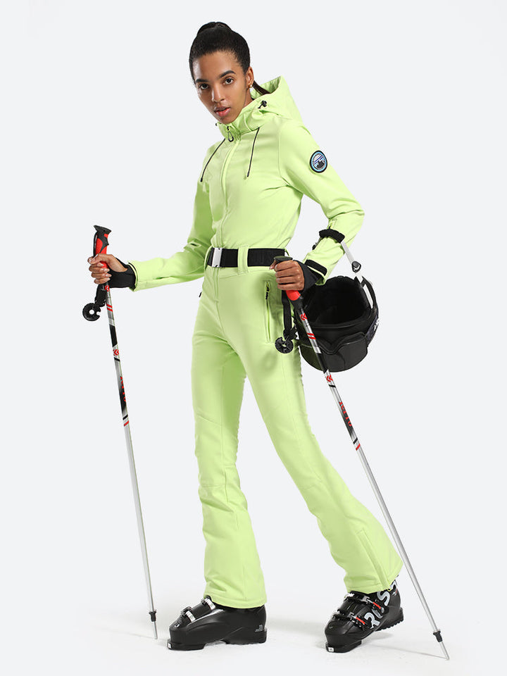 Women's Neon Green One-Piece Ski Suits with Removable Hood