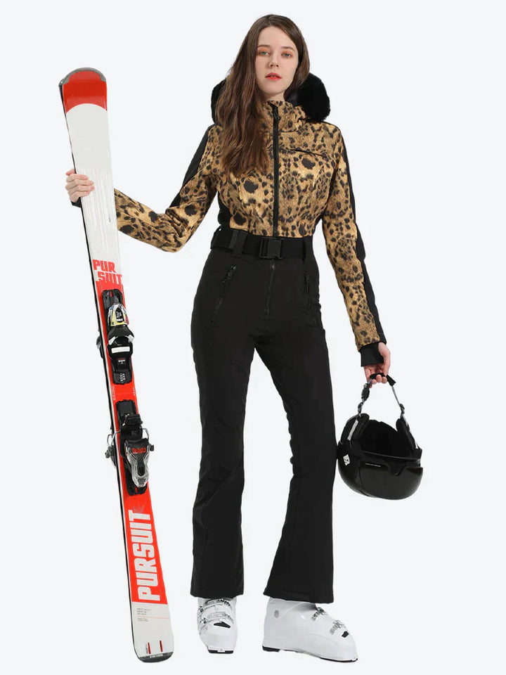 Women's Leopard Black Faux Fur Hood One-Piece Down Ski Suit