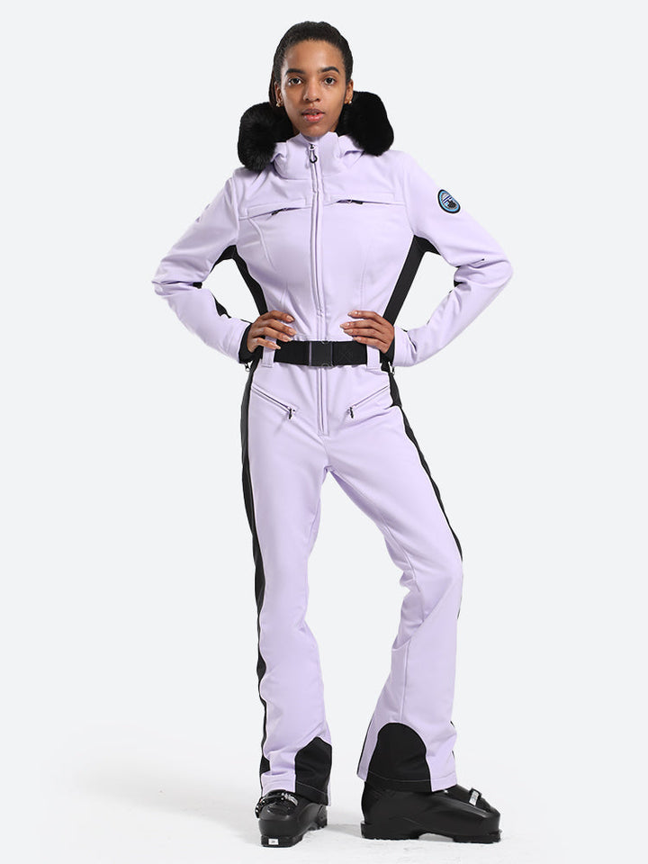 Women's Minimalist Faux Fur White & Black Down One-piece Ski Suits