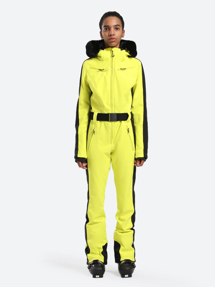 Women's Slim-Fit Stretch Faux Fur Neon Yellow One-Piece Ski Suit