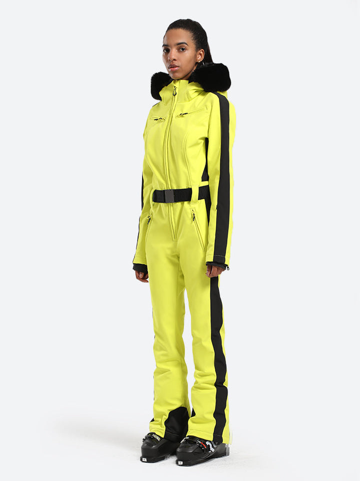 Women's Slim-Fit Stretch Faux Fur Neon Yellow One-Piece Ski Suit